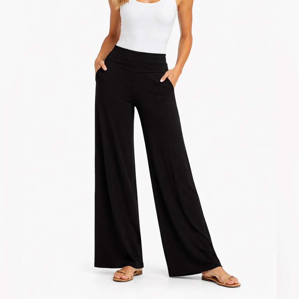 Silk Assets Black Palazzo Pants Knit Wide Leg Pull On Travel Pants Size Medium
